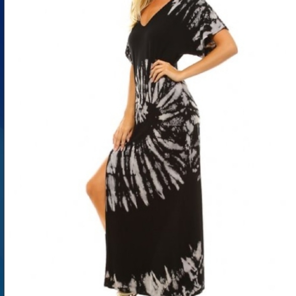 Urban X (Size L) Multicolored Tie Dye Print V-Neck SS Thigh Slit Maxi Dress
